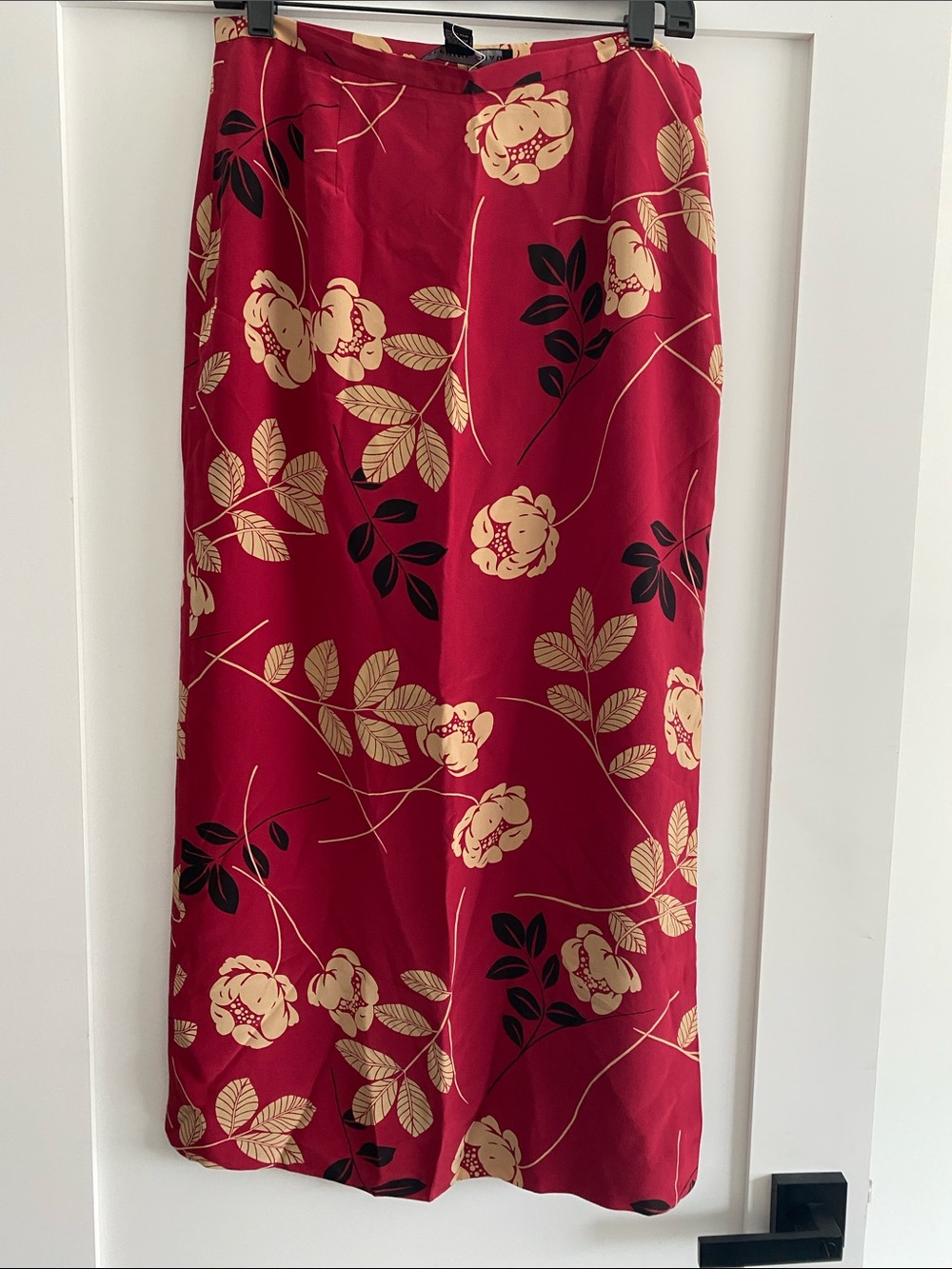 Josephine Chaus Red Floral Maxi Skirt with Cream & Black Accents. 100% Silk.